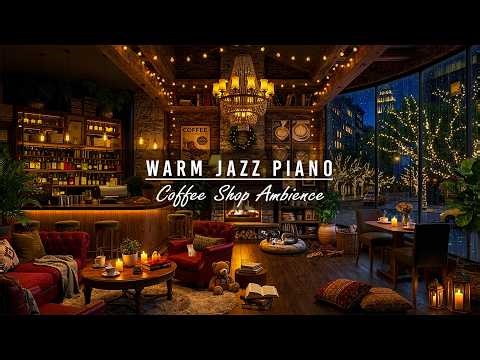 Soothing March Rain in Cozy Coffee Shop Ambience | Warm Jazz Piano & Fireplace Sounds for Work,Relax