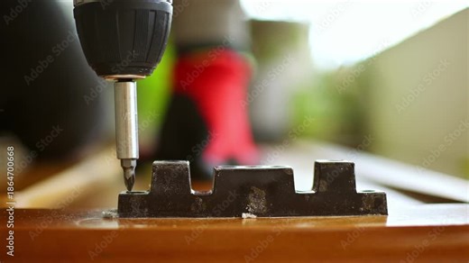 Lockdown shot close-up on hands of a person wearing work gloves and he is using an electric screwdriver to unscrew screws from a piece of furniture. Selective focus, nice soft background.