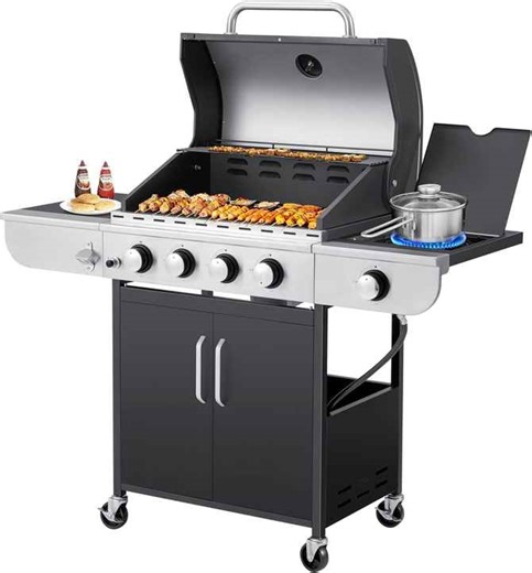 4 Burner BBQ Propane Gas Grill, 42,000 BTU Stainless Steel Patio Garden Barbecue Grill with Stove and Side Table