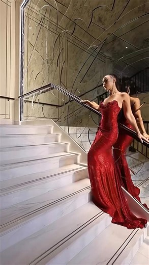 May | Model on Instagram: "✨ Step into glittering elegance ✨ Serving evening chic in this red, sparkly masterpiece from @merita.couture — designed by @merita_merja, captured by @antonio_mjeku, glam by @anissa_muaa. Which detail catches your eye first — the shimmer or the sleek pony? Comment below! ❤️👇"