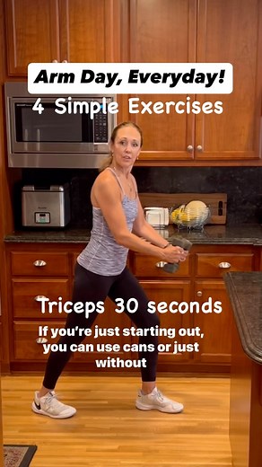 Michelle L’Heureux Wilson on Instagram: "Perfect for all fitness levels, here’s 4 simple exercises you can do at home. With weights or without, keep your moves slow and controlled while the core remains engaged. Do for 30 seconds each. As you get stronger, you can do multiple sets. Little tho ga add up! #womensfitness #fitover50women #fitnesslife #arms #seniorfitness #womensfitness"
