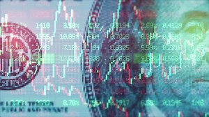 Stock market chart prices. Benjamin Franklin on the 100 dollars banknote background. Financial indexes candlestick graph. Investment analysis and currency exchange concept. American banks and economy