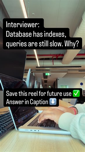 Arun Garg | Code Meets Tech on Instagram: "This is one of the most common questions asked in interviews 👇 👉 “Database has indexes, but queries are still slow. Why?” Let’s break it down in simple points: 1️⃣ Wrong index used Indexes exist, but the query isn’t using them because of filters, functions, or wrong column order. 2️⃣ Low selectivity index If many rows have the same value (like status = ‘ACTIVE’), the index doesn’t help much. 3️⃣ Query returns too much data Indexes help find rows fast,