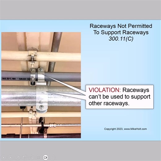 Raceways can't be used to support other raceways or cables; except Class 2 Power-Limited Cables can be secured to a raceway in accordance with NEC 300.11(C). Cables can't be used to support raceways or other cables, see NEC 300.11(D). As for me and my house, we will serve the Lord [Joshua 24:15]. #mikeholt #electricaltraining #electrician #electricaleducation #electricaltrade #necrequirements | Mike Holt Enterprises