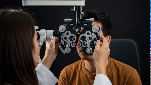 Eye Exam with Phoropter - A young man undergoes an eye exam, with an optometrist using a phoropter to assess his vision.