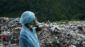 Scary girl wearing authentic Russian gas mask in field Stock Video