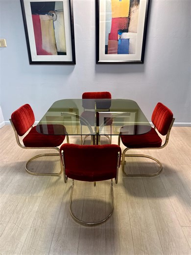 Vintage 1970s Mid Century Modern Dining Set – Smoked Glass Table & 4 Red Velvet Chairs - Etsy