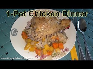 Chicken baked in cream of mushroom soup on a bed of root vegetables.