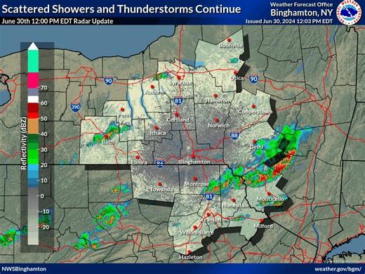 Scattered showers and thunderstorms continue across the area with a Severe Thunderstorm Watch in effect for all of Northeast PA, as well as Sullivan County, NY. A Severe Thunderstorm did move through parts of Delaware and Sullivan counties during the late morning. If you have any reports of damage, please mention them in the comments of this post. If reporting, please mention your location (i.e. 2 miles west of Hancock) and the time the damage occurred. Thank you! | US National Weather Service B