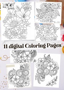 Floral Coloring Pages: 11 Printable Art Therapy Designs (PDF) - Etsy