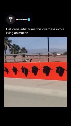 Thecliptide on Instagram: "In Indio, California, Hervey Garcia's 600-foot kinetic mural Liberation transforms a mundane commute into a magical experience. Located on the Fred Waring Drive bridge, the vibrant silhouettes appear abstract when stationary, but as vehicles pass by at 35-45 mph, the zoetrope effect comes alive: figures run, jump, and soar. Most captivating is the horse that gallops, stretches, and morphs into a bird in flight, a seamless representation of freedom. Completed in October