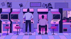 Play arcade machines lo fi animated cartoon background. Vintage gaming 90s retro lofi aesthetic live wallpaper animation. Friends gamers arcade videogame color chill scene 4K video motion graphic