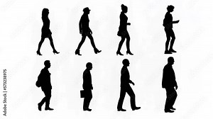 Set of Black Shape People Walking on White Background,Isolated Men and Women 3D Human Graphic Animation in 4K.