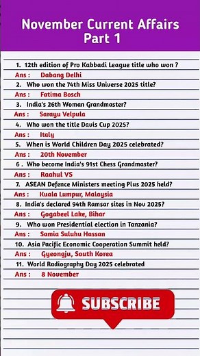 November Current Affairs 2025 | Monthly Current Affairs 2025 November | Current Affairs 2025 |