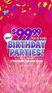 285 reactions · 34 shares | New $99 Birthday Party at Chuck E. Cheese!  Six kids get 2 hours of All You Can Play games, E-Tickets, prizes & more.  | Chuck E. Cheese | Facebook