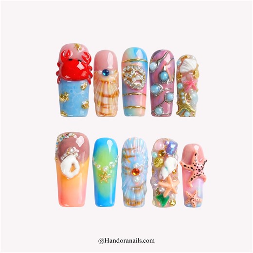 Ocean Reef 3D Press-On Nails – Seashell & Crab Square Nail Set | Handora Nails