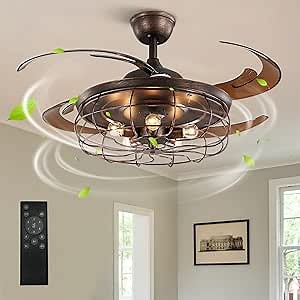 CROSSIO 48 Inches Retractable Caged Ceiling Fan with Lights, Reverse Industrial Rusty Fandelier Fan Chandelier with Remote Control for Living Room Dining Room Bedroom - 5 Lights