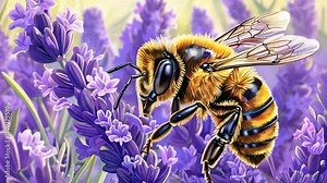 A detailed illustration of a bee pollinating lavender flowers in a vibrant setting.