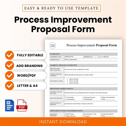 Process Improvement Proposal Form Template – Word & PDF, A4   US Letter - Etsy Australia
