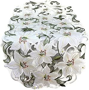 Easter Table Runner with White Lily Flowers, Size 34 x 15 inches