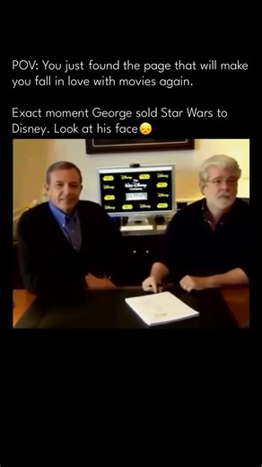 Archived Movies on Instagram: "Follow (us) @archived.movies to see the most awesome movies content everyday. The iconic scene depicts a pivotal moment in entertainment history, as George Lucas and Bob Iger finalize the sale of Lucasfilm to Disney. Lucas, sporting his signature white hair and beard, sits alongside Iger, who wears a warm smile. The somber expression on Lucas’s face tells a story of nostalgia and sentimentality, as he hands over the reins of his beloved Star Wars franchise. This mo
