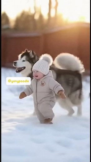 A very cute baby and a big Malamute