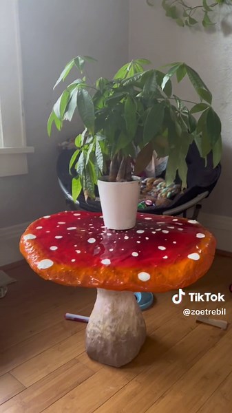 DIY mushroom table using paper mache, painted with acrylic paint, and topped with resin 🍄✨ #mushroomart #papermachesculpture #sculpture #art #artist #whimsicalaesthetic
