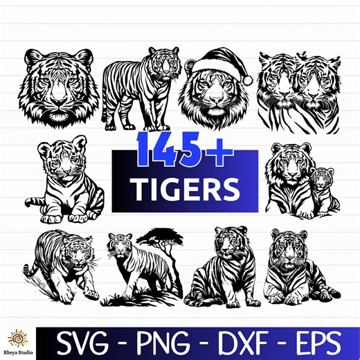 145  Tiger SVG Bundle | Tiger Silhouettes, Faces & Wildlife Clipart | Jungle and Big Cat Designs (svg Png Eps Dxf) - Etsy