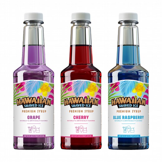 Hawaiian Shaved Ice 3 Syrup Pack - 16oz Plastic Bottles of Cherry, Grape, & Blue Raspberry Flavor