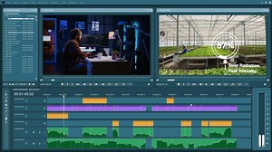 editor software interface used for professionally retouching clips, trimming and splicing to produce multimedia content. Videography program UI showing footage being modified, for film industry