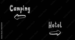 Direction Way to Camping versus Hotel contrast concept. 4k footage with alpha transparency channel isolated on black background.