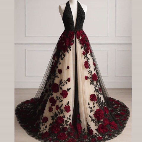 Black & Red Rose Embroidered Ball Gown, Gothic Red Ball Gown, Wedding Gown With Train, Sparkly Black Prom Dress, Luxury Wedding or Prom Gown - Etsy