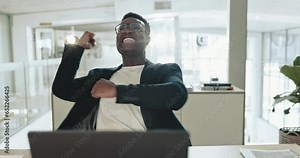 Excited black man, laptop and success in office for winning prize, celebrate profit and bonus promotion. Happy employee, computer and cheers with fist for deal, reading email announcement and reward