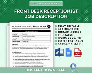 Front Desk Receptionist Job Description Template, Receptionist Responsibilities, Office Receptionist Duties, Front Desk Job Template - Etsy
