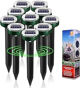 Ultrasonic Solar Powered Mole Repellent, 10pk Gopher Snake Mole Vole Deterrent for Lawns, Gardens, Yards - Effective Sonic Spikes Stakes Chaser for All Pests