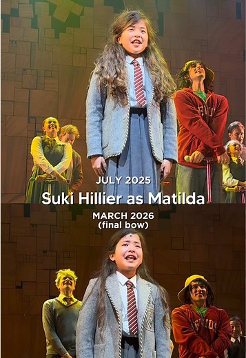 She’s grown in the role 🥹 Bless her she was emotional at her final curtain call ❤️‍🩹 I made this comparison since I was sitting in the same exact seat in the theatre for both!! Her first performance was in March 2025 so the top clip is about 4 months after she started her run. #matildathemusical #matilda #matildawormwood #musicaltheatre #matildapose