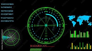 Animated searching 3D radar screen infographic with radar interface HUD animation 4k video