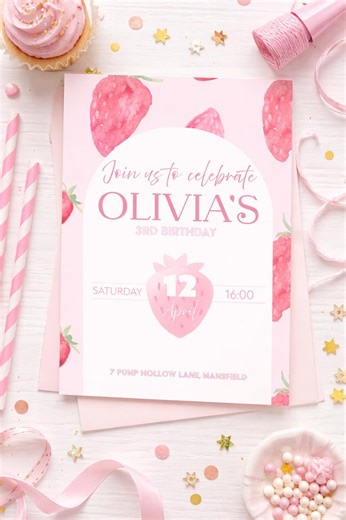 Strawberry Birthday Invitation, Personalized Party Invite (digital Download) - Etsy