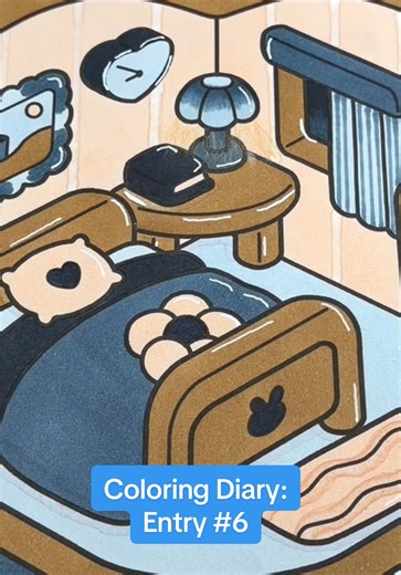 Coloring this page was easy, quick and fun using a cool color palette. I appreciated not doing any challenging techniques. I did use the blender for the stripes on the wall so that was the new thing I did. It was simple though! #colortok #coloringpageinspo #coloringsession #satisfyingcoloring #coloringbookstressrelief