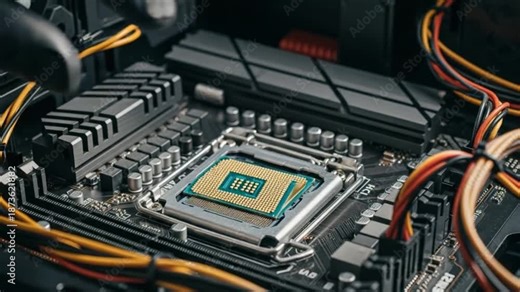 A gloved hand installing a computer chip on a motherboard with wires and circuits