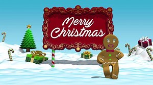 Gingerbread man dancing in front of red Merry Christmas and Happy New Year sign on snowy field with presents, candy canes and Christmas tree against blue sky. Loop sequence. 3D animation