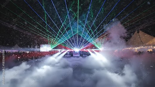 Concert Laser Show - A stage with green and blue laser beams shooting across the area is filled with smoke. Crowds of people fill the space behind the stage and on either side.