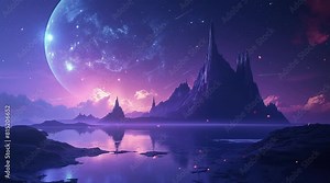 Enchanting fantasy landscape on an alien planet surface with surreal elements Seamless looping 4k time-lapse virtual video animation background. Generated AI