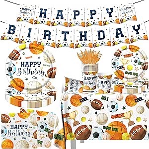 142pcs Sports Birthday Party Decorations Sports Theme Plates and Napkins Kit All Star Basketball Football Baseball Soccer Tableware for Boys Birthday Party Supplies