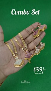 9.4K views · 3.4K reactions | Rs699/- Goldplated Combo Set. 18 Inch Chain With Pendant 495/- Earrings Rs295/- Free shipping in India - Retail order@ DM/whatsapp - +91 7012238981 Order Now : www.queengalaxycollections.com Wholesale Details Pls DM +916238153175 Search Code: #necklace #onegramquality#comboset#bracelet #goldplatedchains#thalichain#chainwithpendant #adstonestud #trendingreels #wholesalejewelry | Queen Galaxy Collections | Facebook