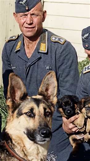 Revived Visuals on Instagram: "Luftwaffe fighter pilots take a brief respite from the air war to pose with their squadron mascots—a German Shepherd and her litter of puppies, circa 1940s. During WWII, it was common for air units on all sides to keep unit mascots. For the pilots of the Jagdgeschwader (Fighter Wings), these animals provided a significant morale boost and a sense of normalcy amidst the high stress of aerial combat. While the Me-109s and Spitfires dueled overhead, life on the airfie