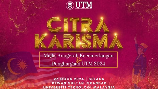 𝐀𝐤𝐚𝐧 𝐝𝐚𝐭𝐚𝐧𝐠! CITRA KARISMA | Majlis Anugerah Kecemerlangan & Penghargaan UTM 2024 pada 27 Ogos ini, secara langsung di Facebook Rasmi Universiti Teknologi Malaysia (UTM). Majlis Citra Karisma ini diadakan bagi tujuan memberi penghargaan kepada staf UTM dan Pusat Tanggungjawab yang telah menunjukkan prestasi cemerlang dalam pelbagai bidang sepanjang perkhidmatan bagi tahun penilaian semasa. Selain itu, majlis turut menghargai individu dan kumpulan staf yang telah berjaya membawa nama Un