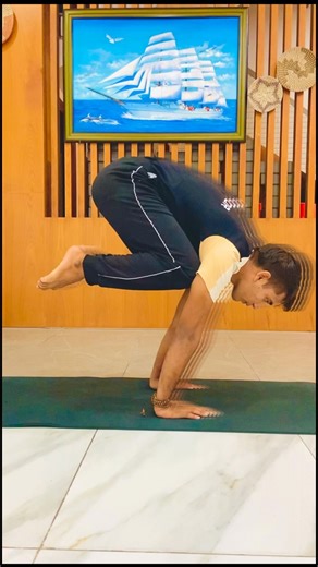 What it is: An arm balance where the practitioner balances on their hands with knees resting on the upper arms and feet lifted off the floor. | Biru Yogi