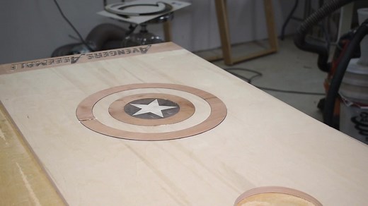Creating an inlay Captain America shield in a cornhole board. #avengers #captainamerica #woodworking #marvel #diy