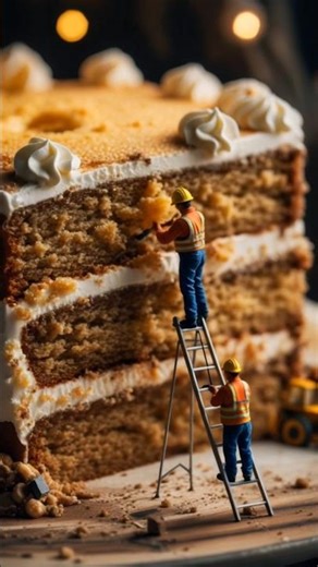 Tiny workers made a beautiful and delicious birthday cake (Ai). #birthday #cake #miniature #aiart